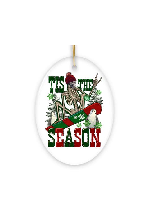 Tis The Season Snowboarding Skeleton Ceramic Ornament