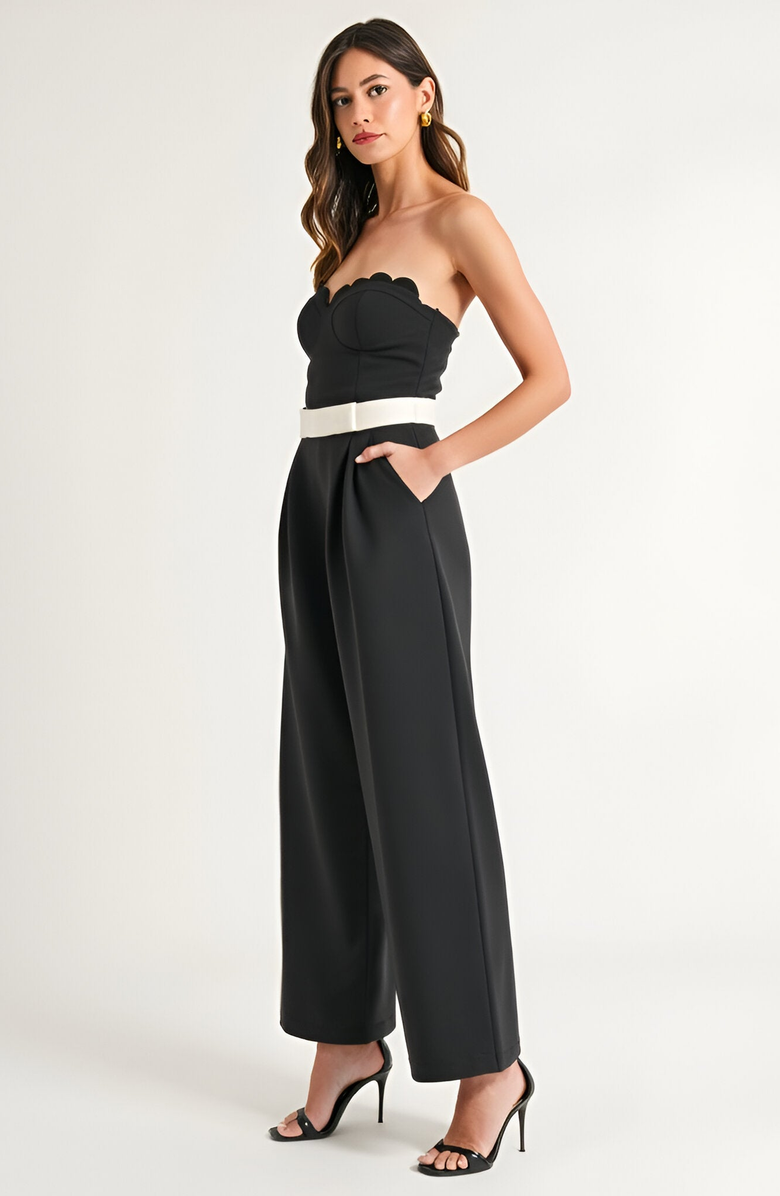 Modenaire Strapless Jumpsuit with Scalloped Bodice, Waist Belt and Wide-Leg Pants, Alternate, color, Black