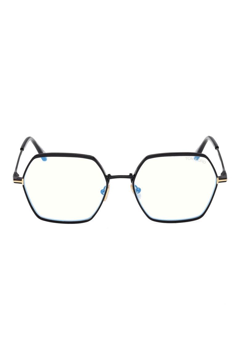 56mm Geometric Blue Light Blocking Optical Glasses, Main, color, SHINY BLACK/ BLUE BLOCK LENSES