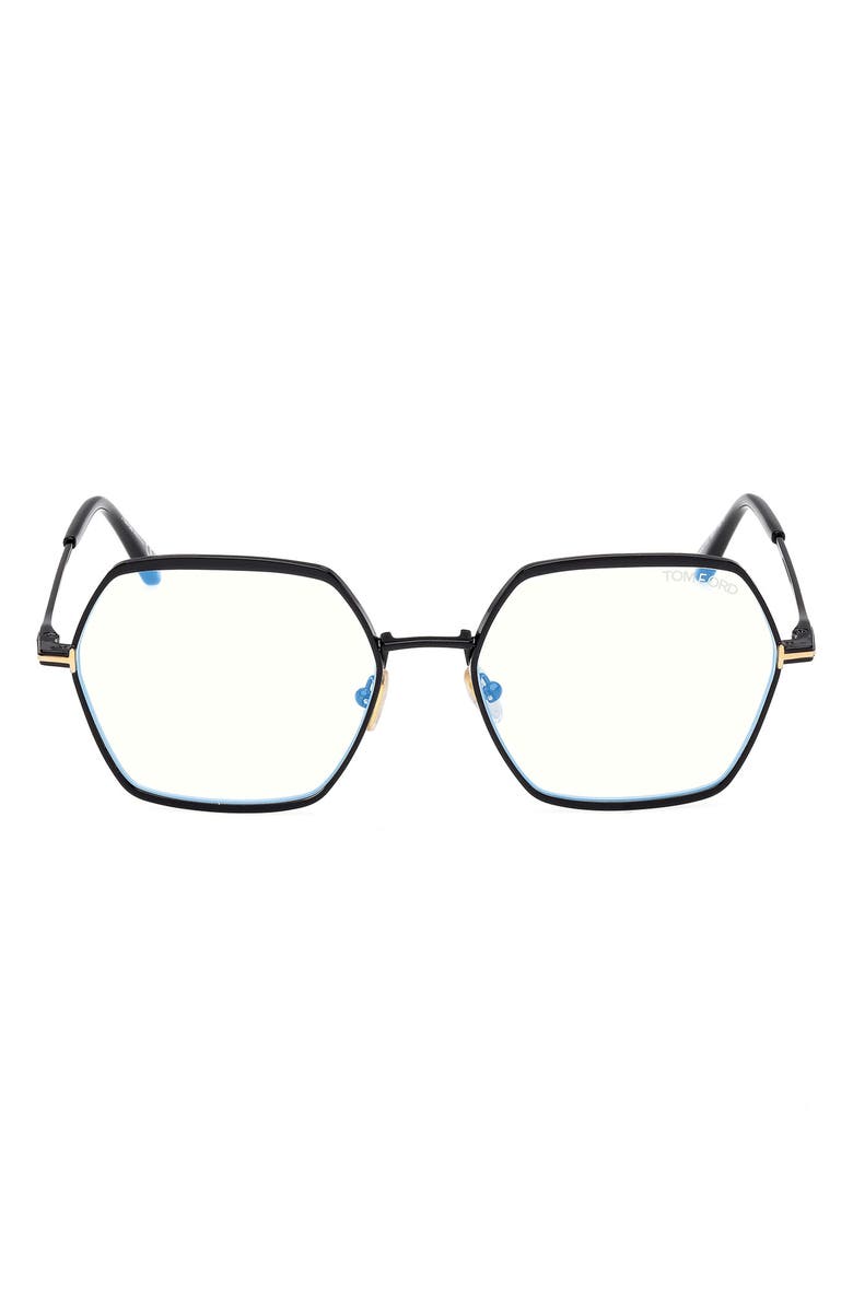 TOM FORD 56mm Geometric Blue Light Blocking Optical Glasses, Main, color, Shiny Black/ Blue Block Lenses