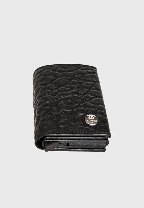 Furniq Uk Genuine Leather Elephant Pattern Trifold Card Holder In Black