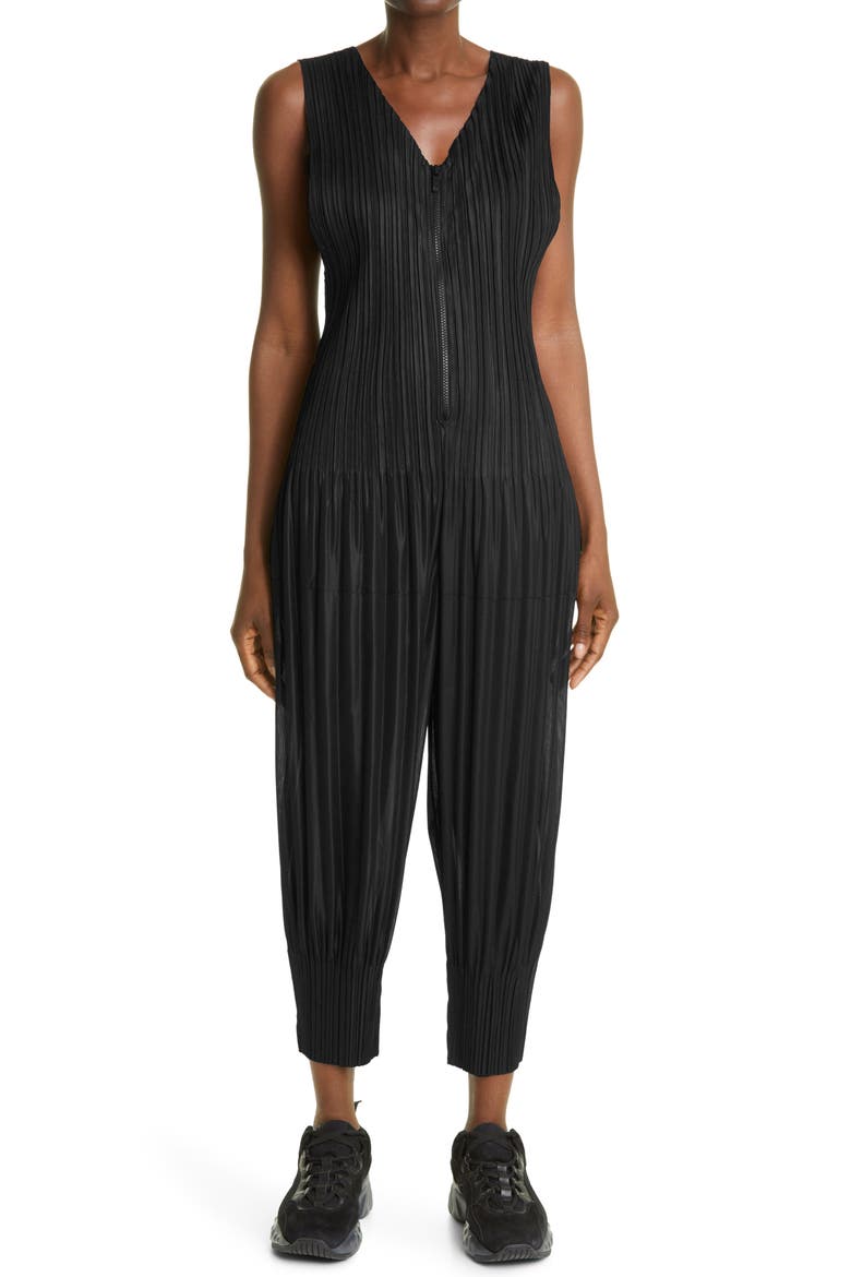 Pleated Sleeveless Jumpsuit, Main, color, BLACK