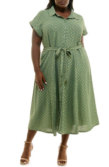 Nina Leonard Short Sleeve Clip Dot Shirtdress In Sage/gold