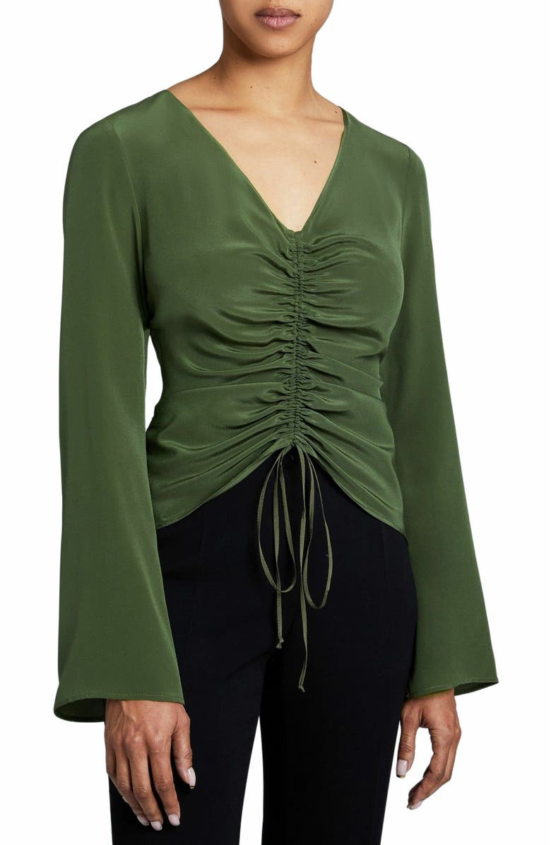 Santorelli RAVELA Bell Sleeve Silk Blouse with Front Center Drawstring, Main, color,