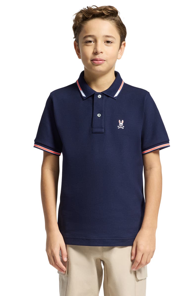 Psycho Bunny Kids' Stirling Tipped Cotton Piqué Polo, Alternate, color, Evening Blue