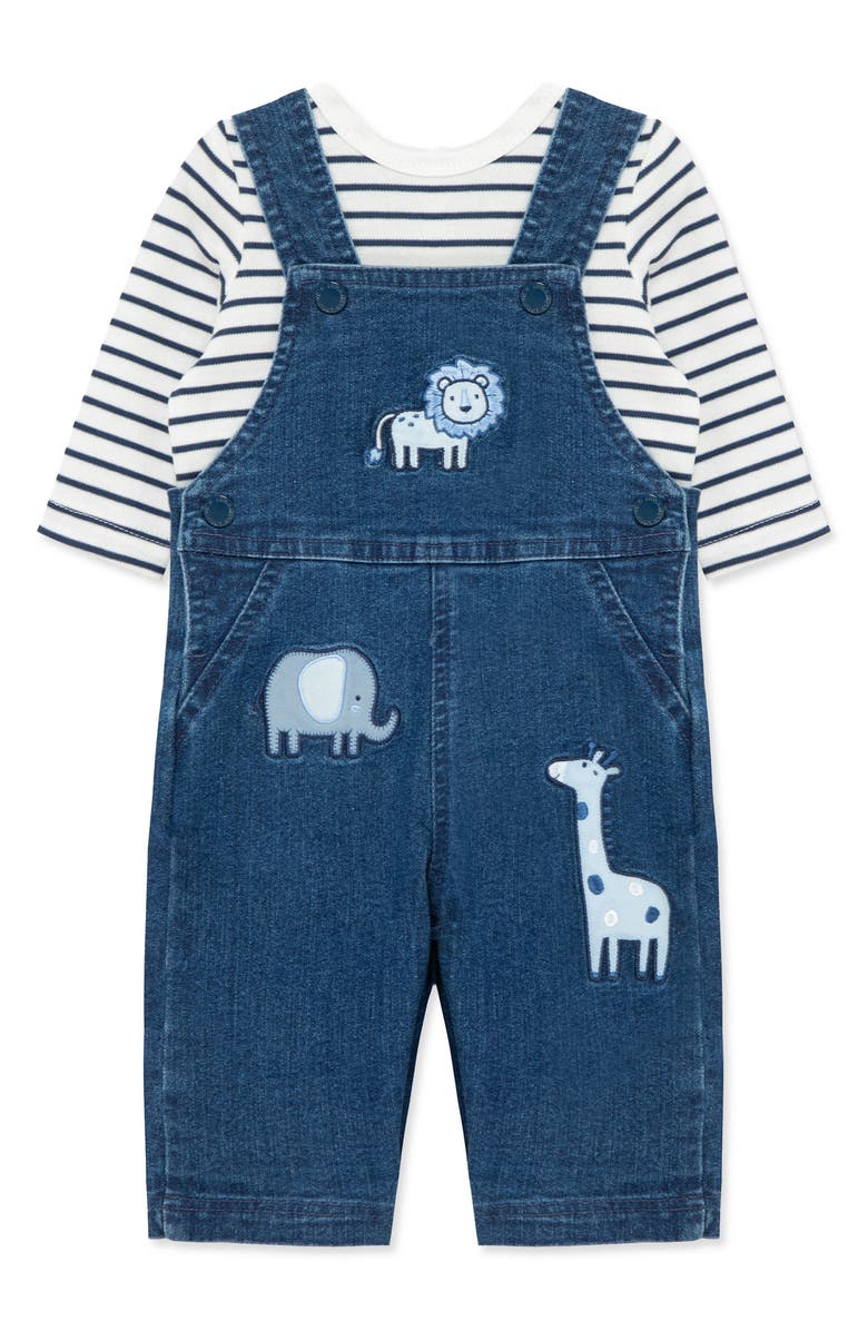 Little Me Safari Animal Denim Overalls & Stripe T-Shirt Set, Alternate, color, Blue