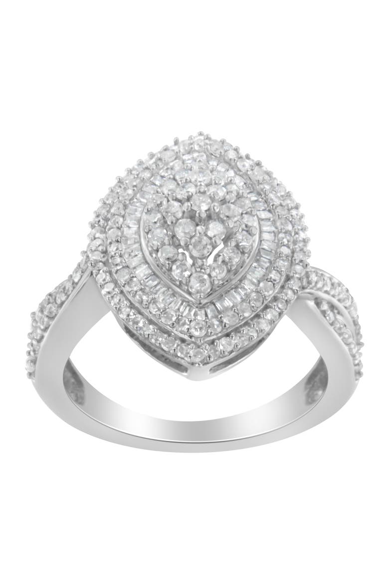 Sterling Silver 1.00 cttw Round and Baguette Diamond Marquise Cluster Triple Halo Ring, Alternate, color, Silver