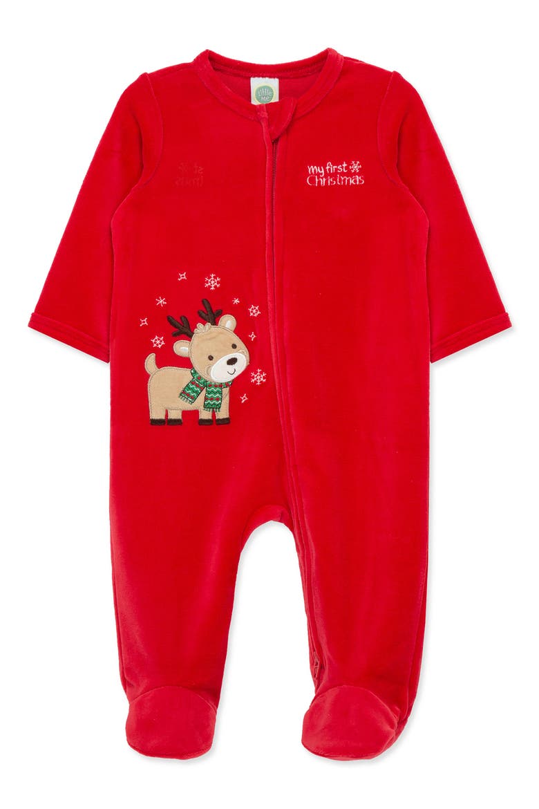 My First Christmas Reindeer Velour Footie, Main, color, RED