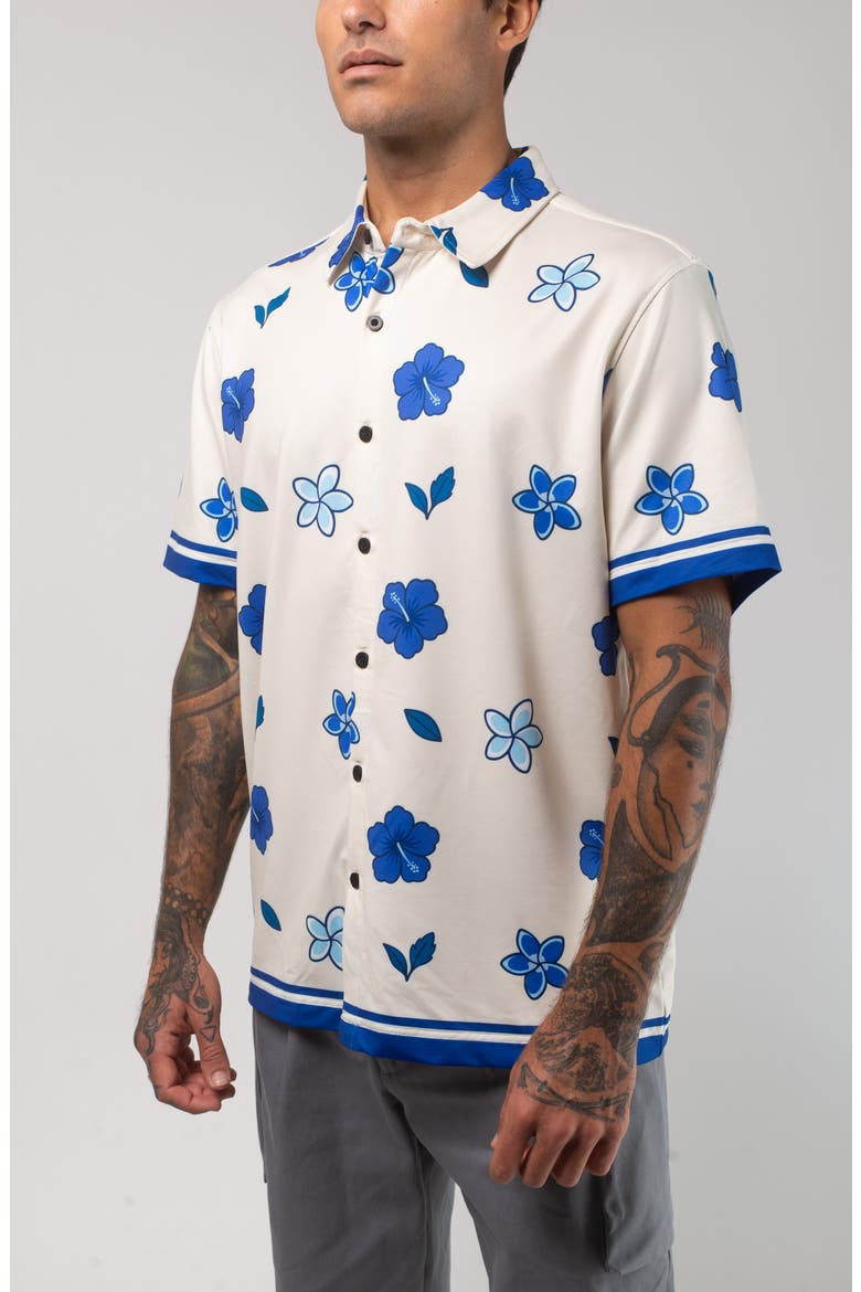 Aqua Terra Floral Dream Tech Short Sleeve Performance Button-Up Shirt, Alternate, color, SAND MULTI