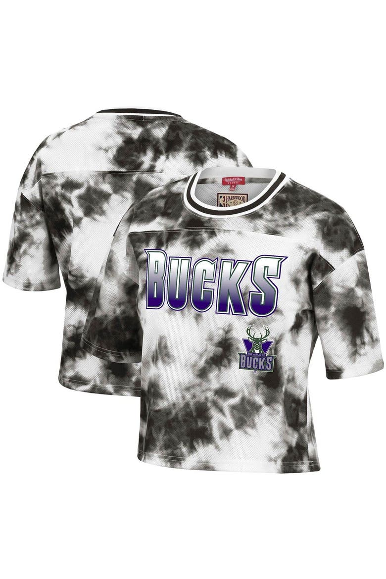 Women's Mitchell & Ness Black/White Milwaukee Bucks Hardwood Classics Tie-Dye Cropped T-Shirt, Main, color, BLACK