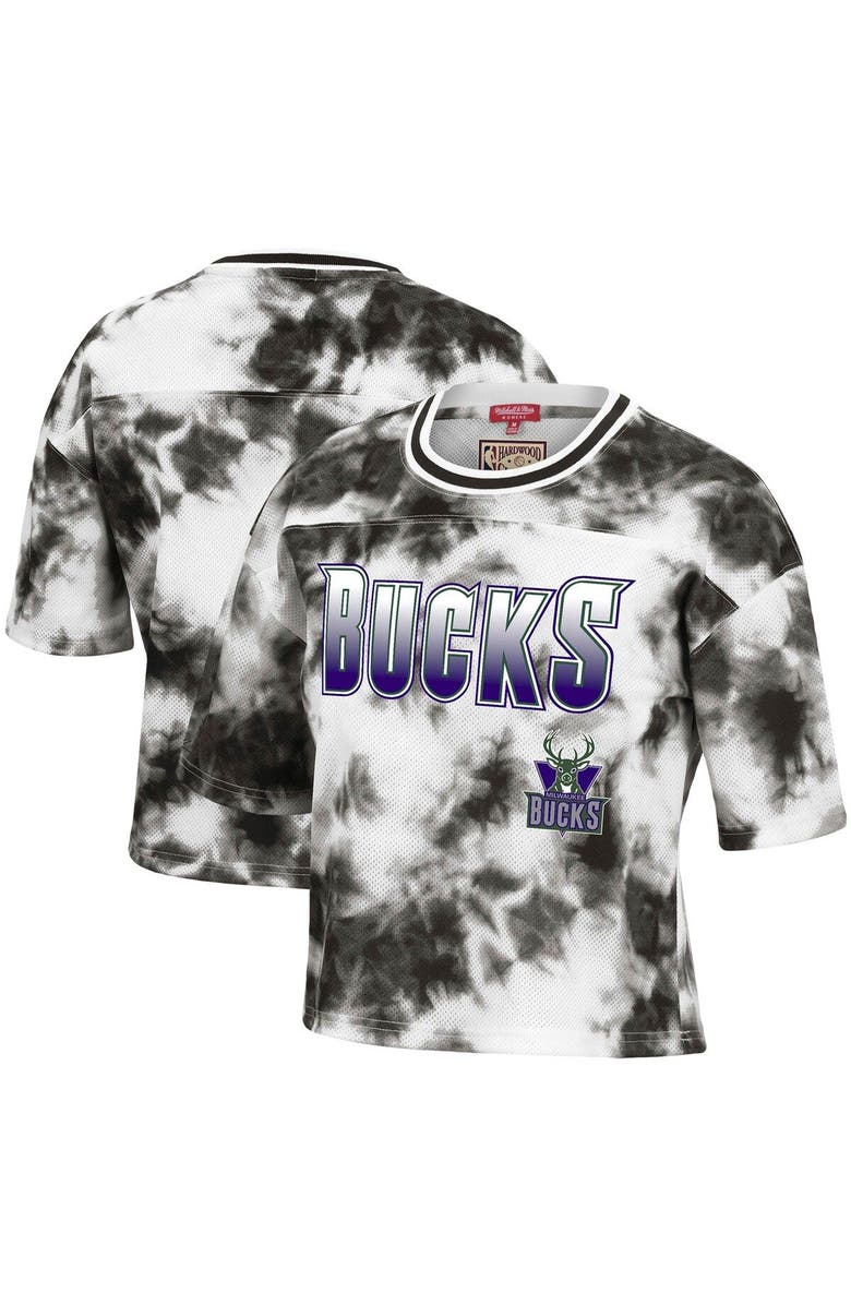 Mitchell & Ness Women's Mitchell & Ness Black/White Milwaukee Bucks Hardwood Classics Tie-Dye Cropped T-Shirt, Main, color, 