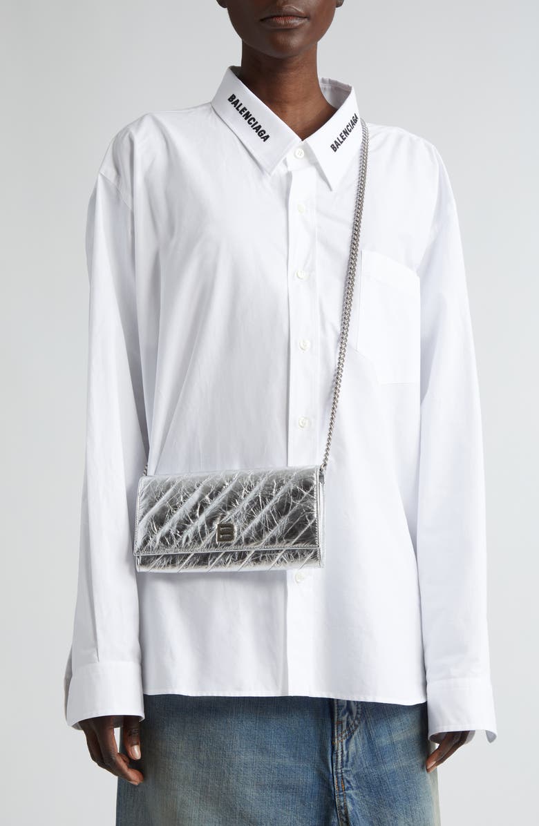 Balenciaga Crush Metalic Leather Wallet on a Chain, Alternate, color, 