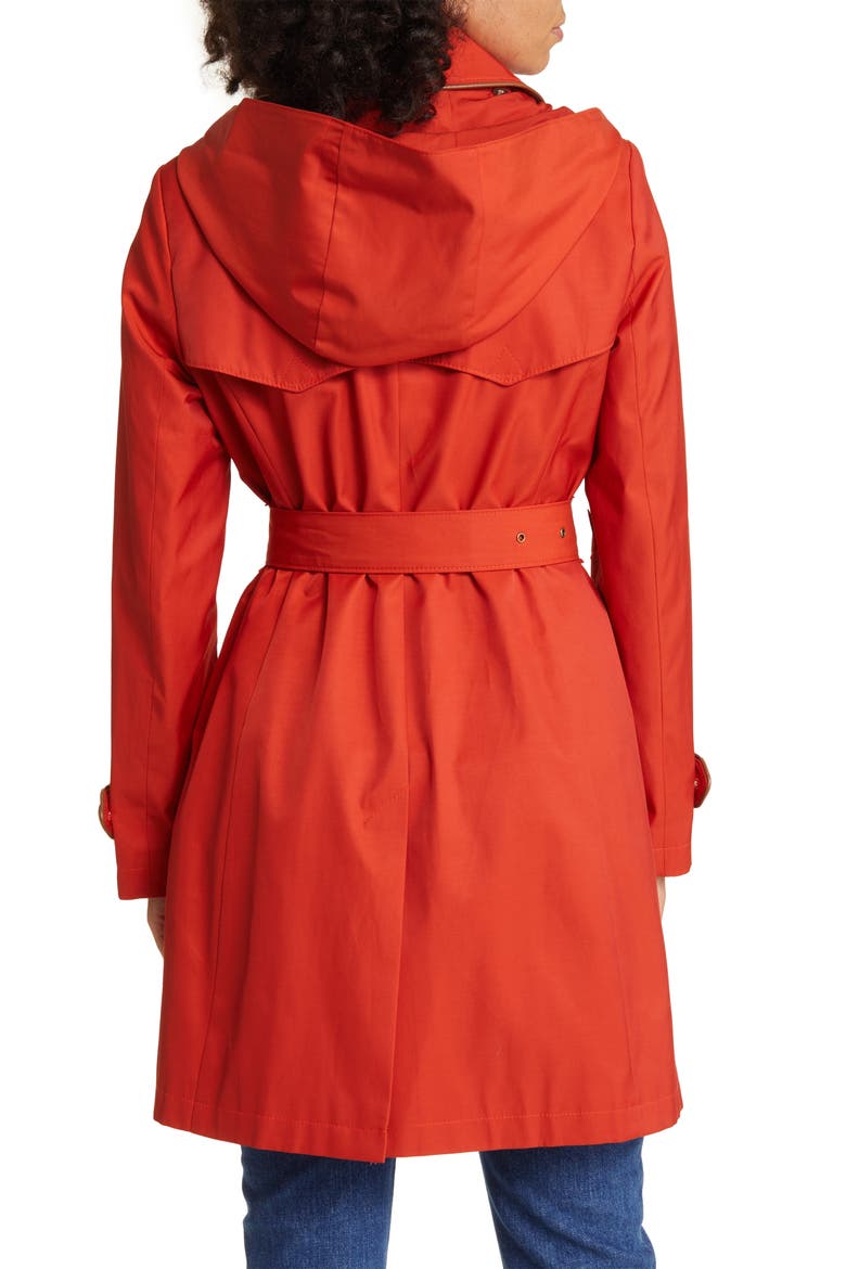 Hooded Belted Faux Leather Trim Trench Coat, Alternate, color, HARVEST ORANGE