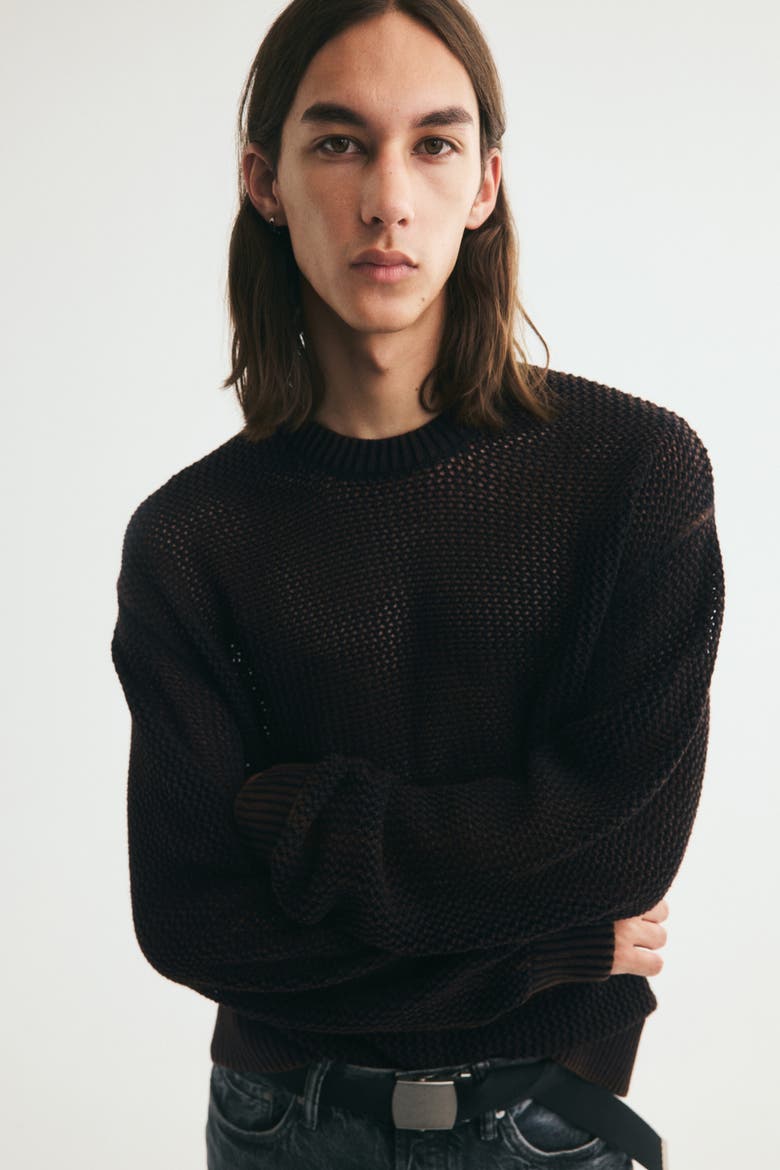 Loose-Fit Open-Knit Cotton Sweater, Main, color, Black