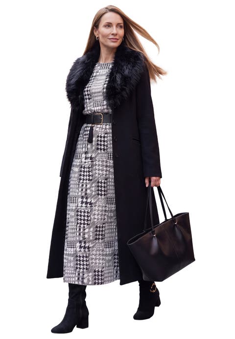 Long Wool Blend Coat With Faux Fur Collar
