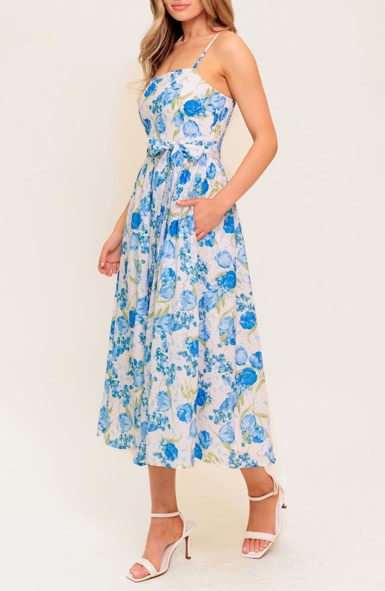 FLYING TOMATO Tie Waist Fit & Flare Midi Dress, Alternate, color, Ivory Blue