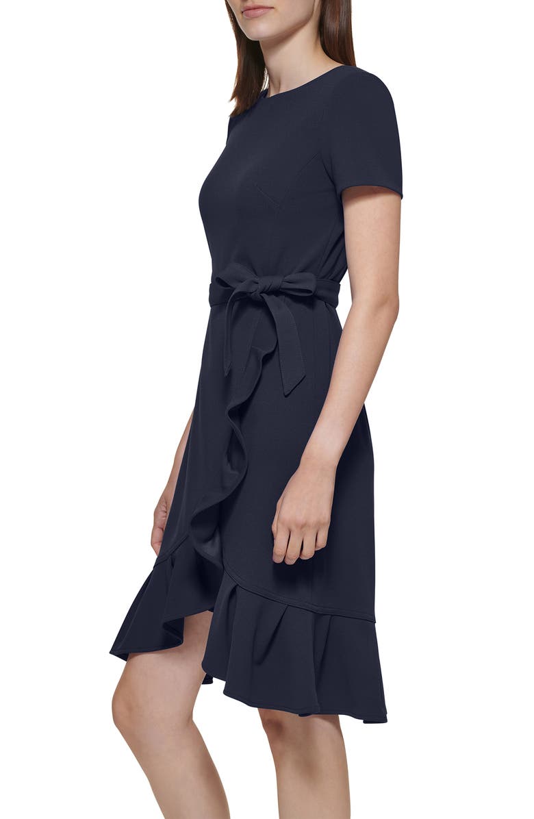 Calvin Klein Tie Waist Ruffle Hem Dress, Alternate, color, Indigo