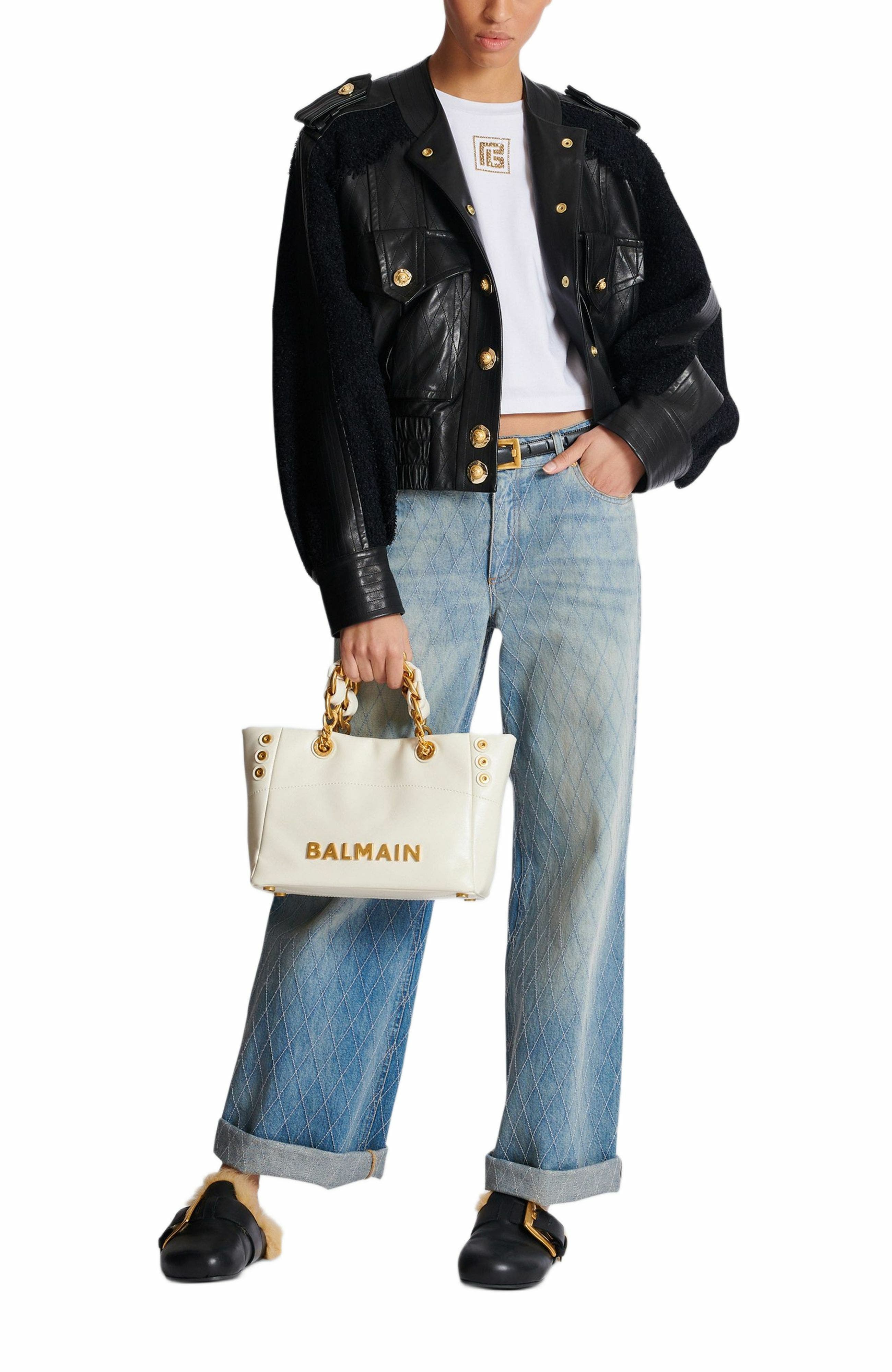 Balmain 1945 Soft Small Crinkled Leather Tote Bag, Alternate, color, 