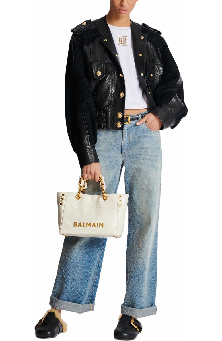 Balmain 1945 Soft Small Crinkled Leather Tote Bag, Alternate, color,