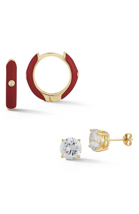 14K Yellow Gold Vermeil Enamel Huggie & Round CZ Stud Earrings Set