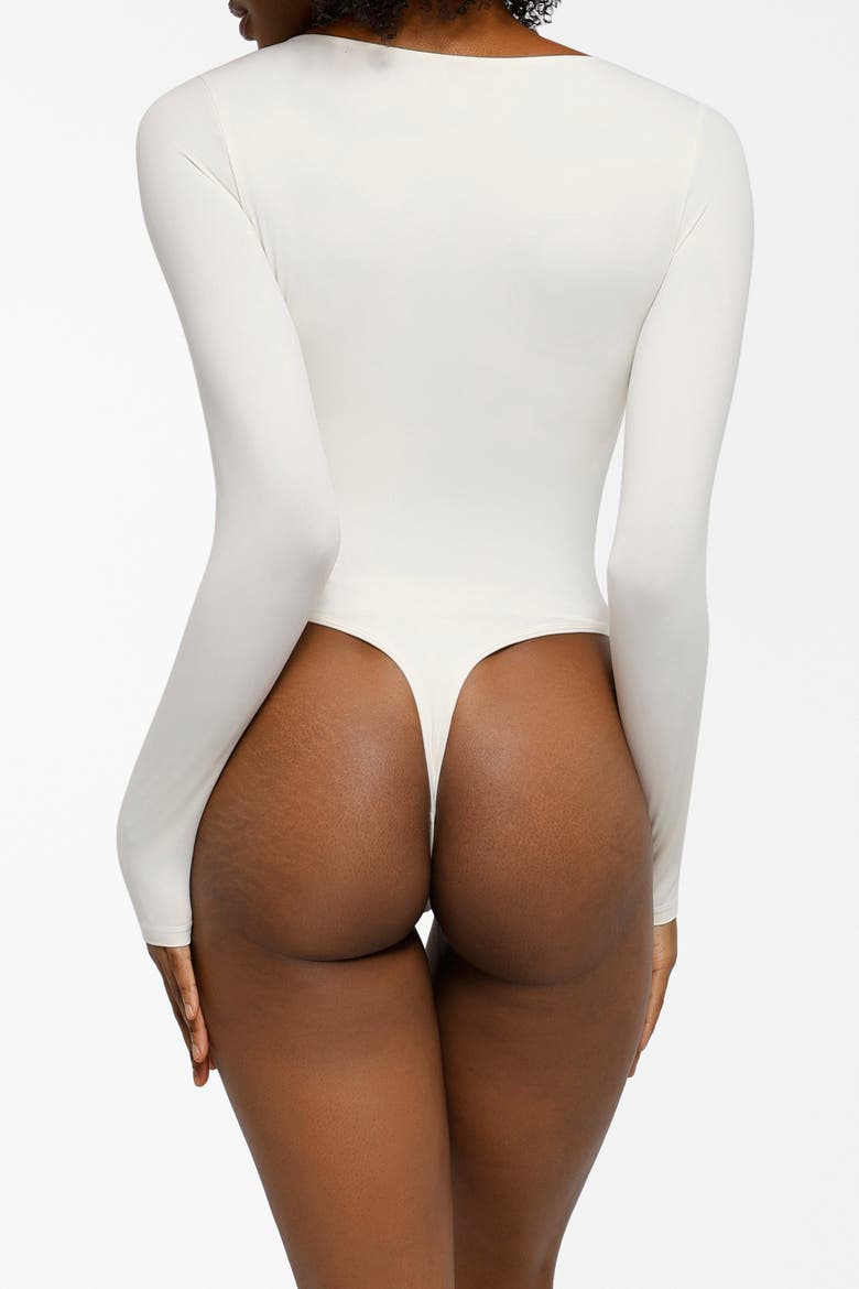 Shapewear Long Sleeve Mesh Inset Tummy Control Bodysuit, Alternate, color, Ivory