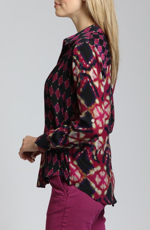 Apny Abstract Print Roll Tab Sleeve Chiffon Button-up Shirt In Red/pink Multi