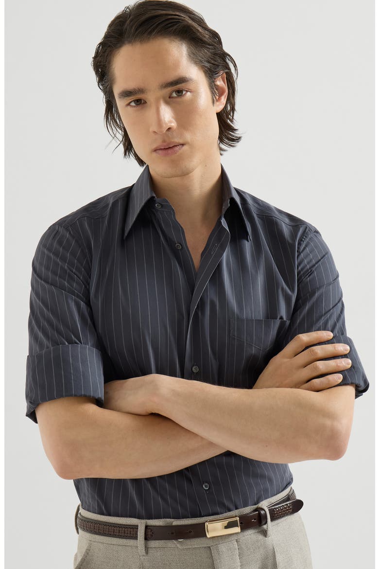 Double pinstripe cotton shirt with Italian collar and chest pocket, Alternate, color, Dark Grey