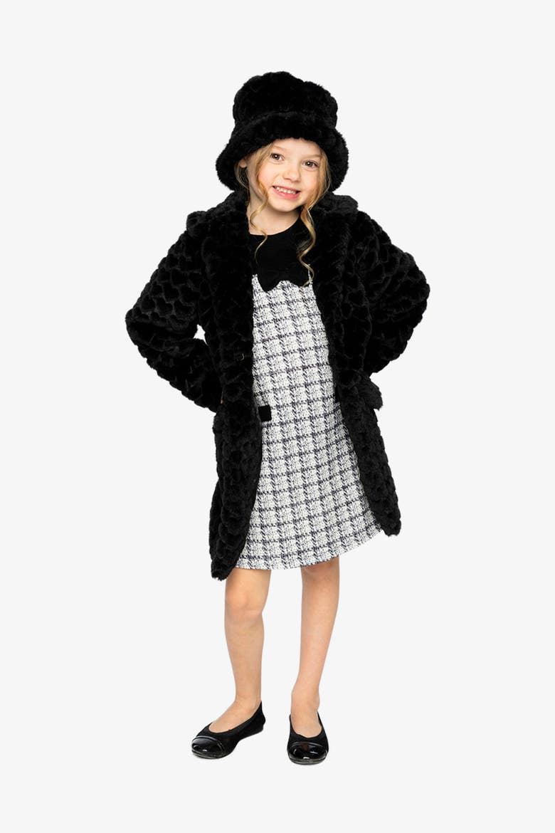 Heart Textured Faux Fur Button Front Long Coat, Alternate, color, Black