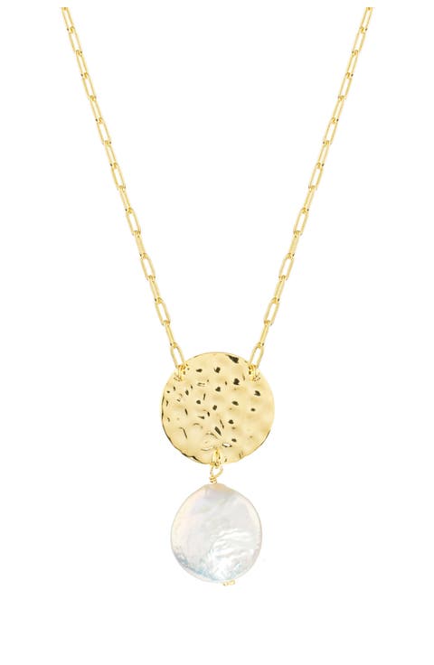 Hammered Disc & Coin Pearl Pendant Necklace