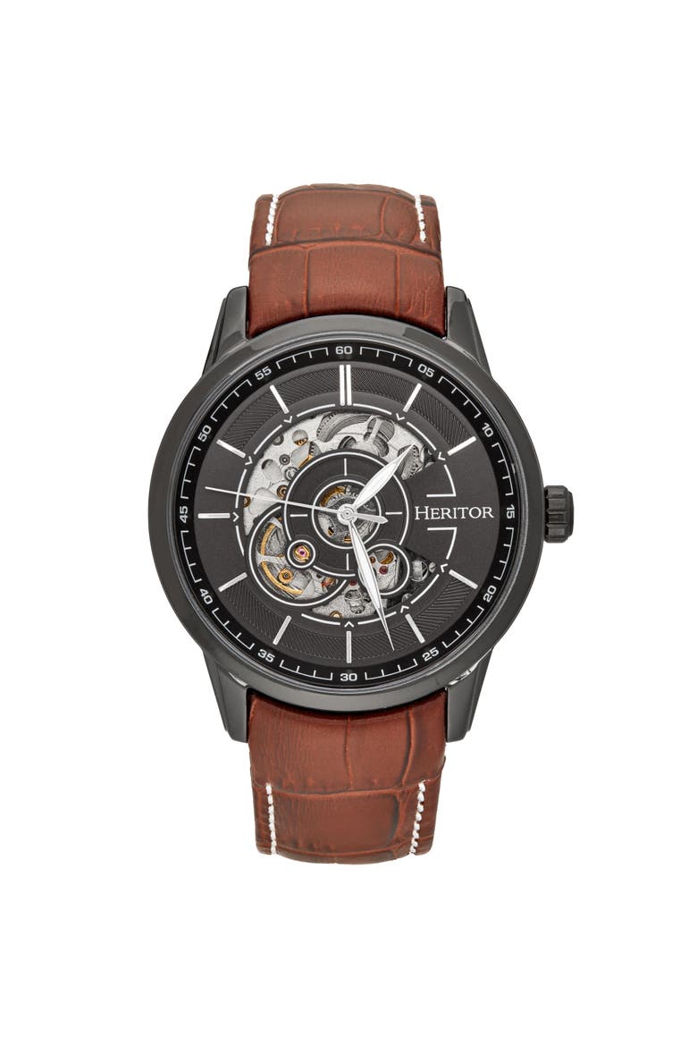 Davies Semi-Skeleton Leather-Band Watch, Main, color, Black/Brown