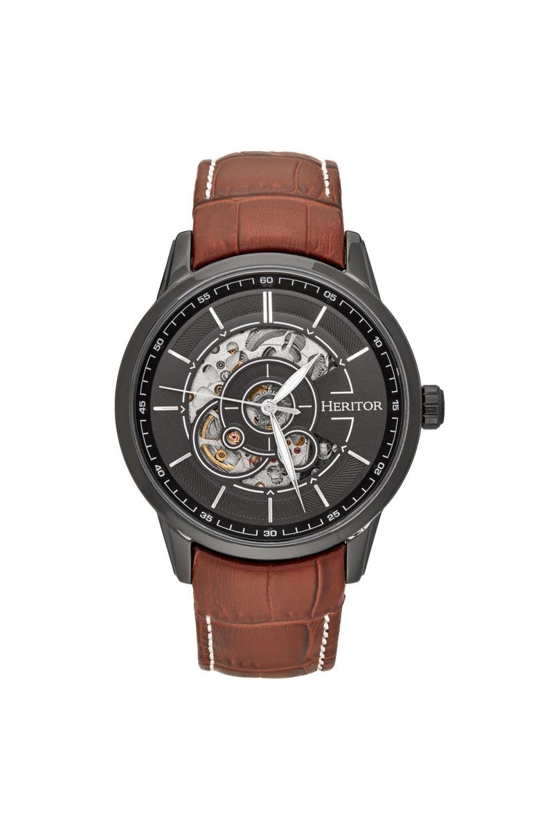Heritor Automatic Davies Semi-Skeleton Leather-Band Watch, Main, color, Black/Brown