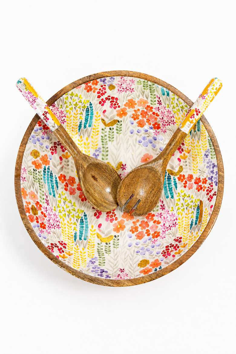 Large Floral Gold Foil Bowl and Salad Servers Set, Alternate, color, Multi and Brown