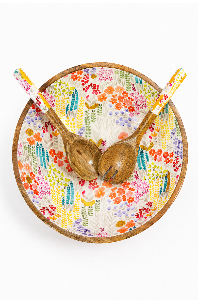 Jeanne Fitz Large Floral Gold Foil Bowl and Salad Servers Set, Alternate, color, Multi And Brown