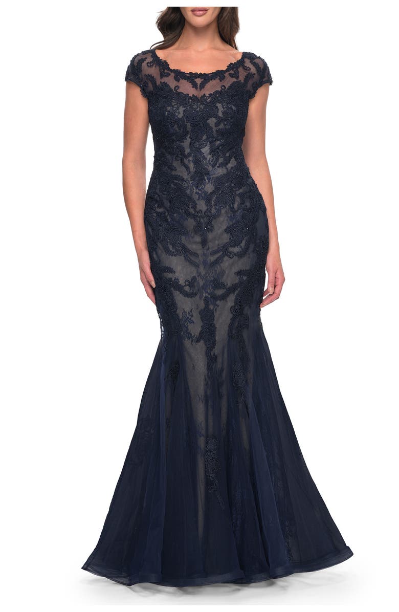 La Femme Mermaid Lace Dress with Cap Sleeves and Illusion Neckline, Main, color,