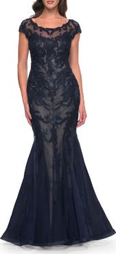 La Femme Mermaid Lace Dress with Cap Sleeves and Illusion Neckline