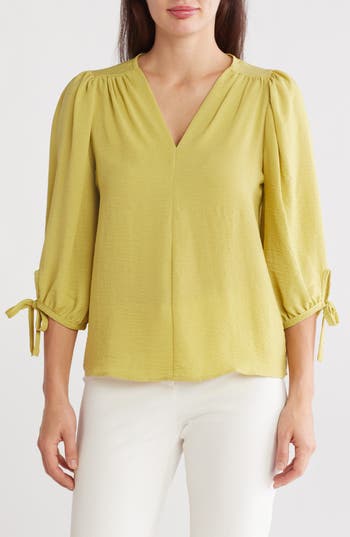 Shop Renee C Ditsy Puff Sleeve Blouse In Dark Citron