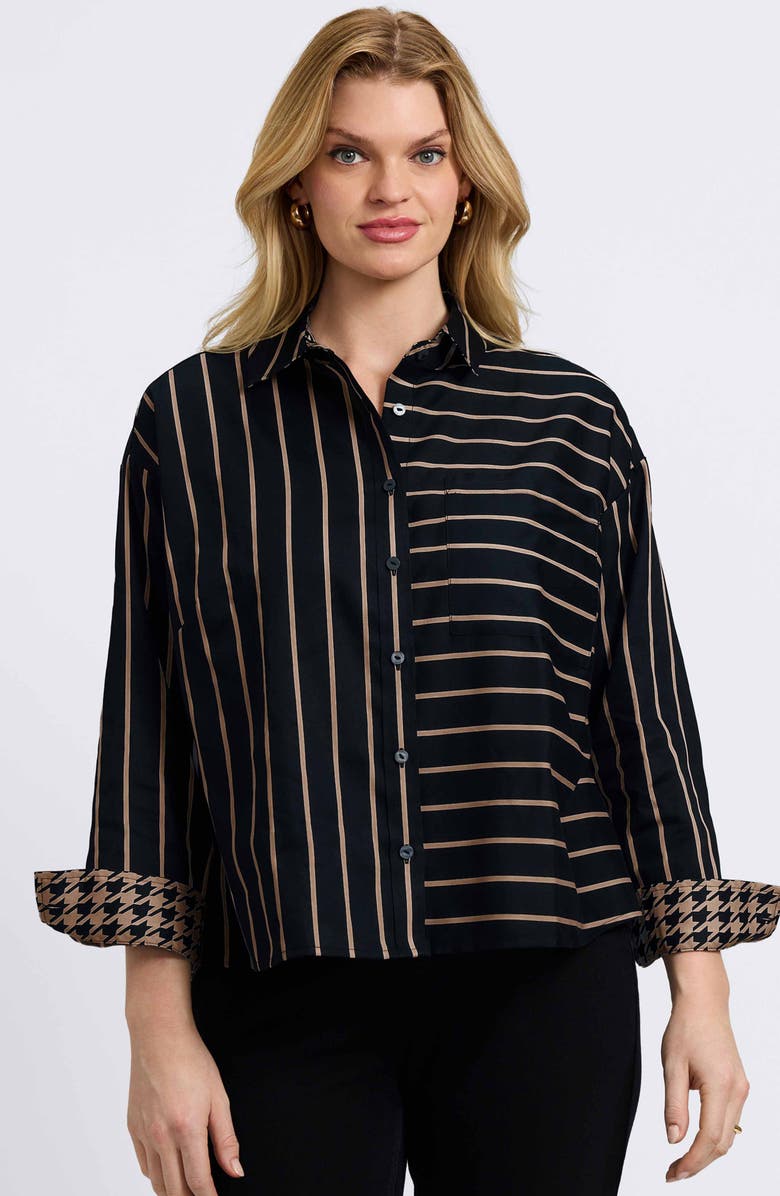 Foxcroft Marina Stripe Cotton Button-Up Shirt, Alternate, color, Black/ Almond