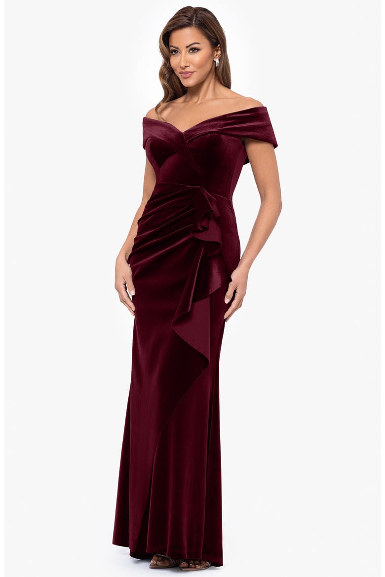 Ruffle Off the Shoulder Stretch Velvet Gown, Alternate, color, BURGUNDY