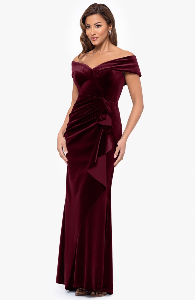 Xscape Evenings Ruffle Off the Shoulder Stretch Velvet Gown, Alternate, color, Burgundy