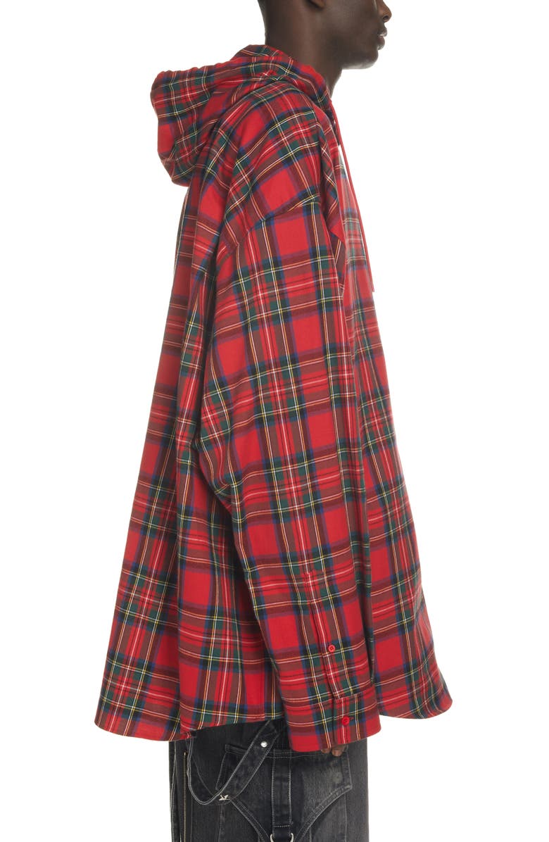 Balenciaga Plaid Hooded Flannel Button-Up Shirt, Alternate, color,