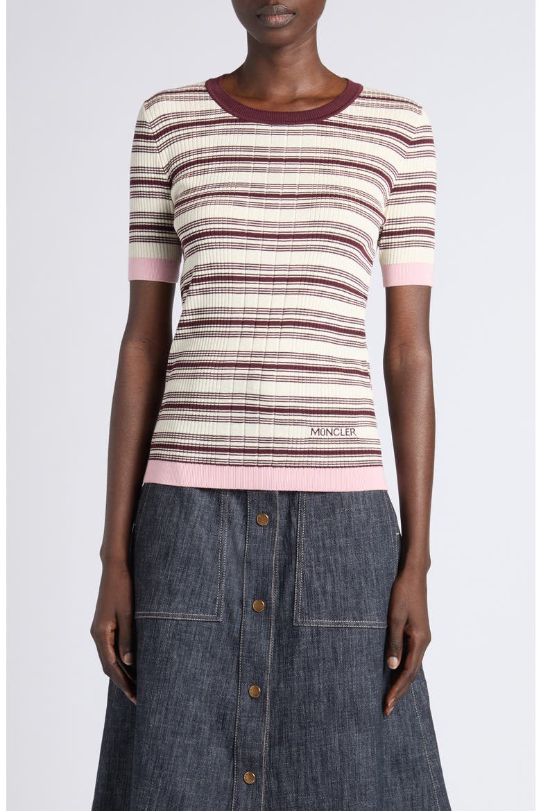 Stripe Rib Short Sleeve Cotton Sweater, Main, color, WHITE/ BEIGE
