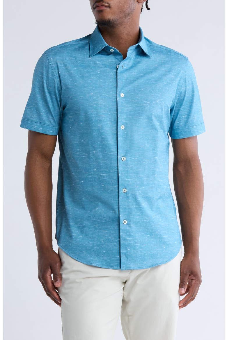 Miles OoohCotton® Solid Short Sleeve Button-Up Shirt, Main, color, PEACOCK