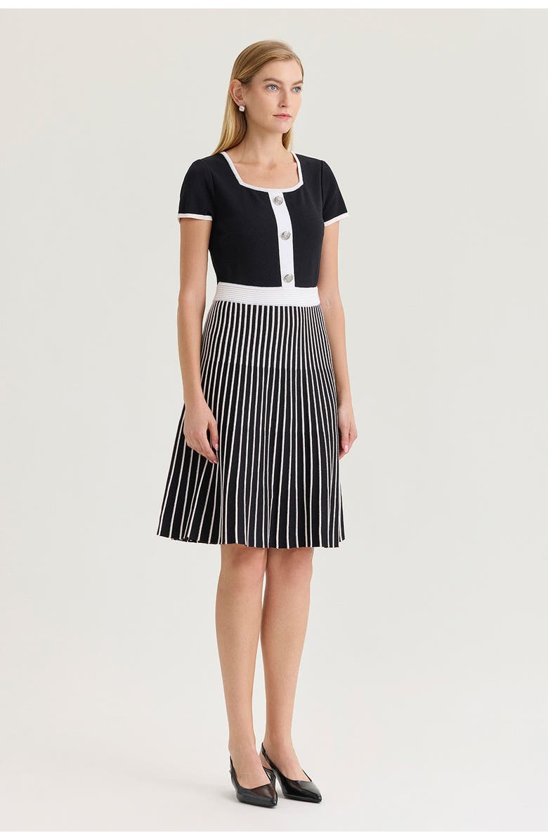 Ming Wang Fit-N-Flare Knee Length Soft Knit Dress, Alternate, color, Black/White