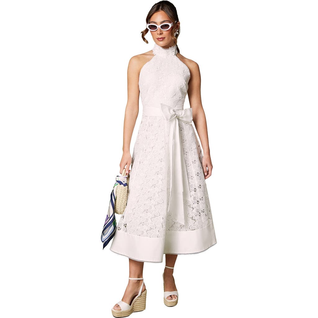 Coast Halterneck Belted Lace Midi Dress In Gold