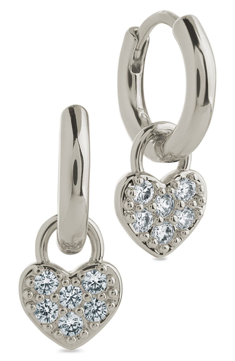 Sterling Forever Jeanette Pavé Cubic Zirconia Heart Drop Huggie Hoop Earrings, Main, color, Silver