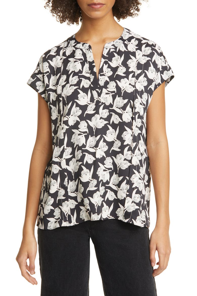 Solace Floral Print Split Neck Top, Main, color, CAVIAR