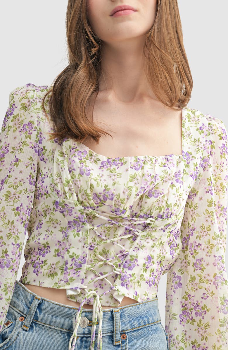 Lush Floral Long Sleeve Corset Top, Alternate, color, Lilac Floral