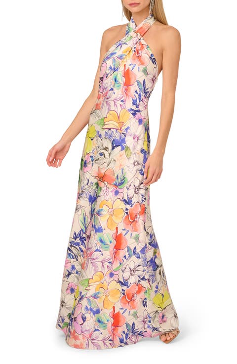 Print Satin Halter Gown