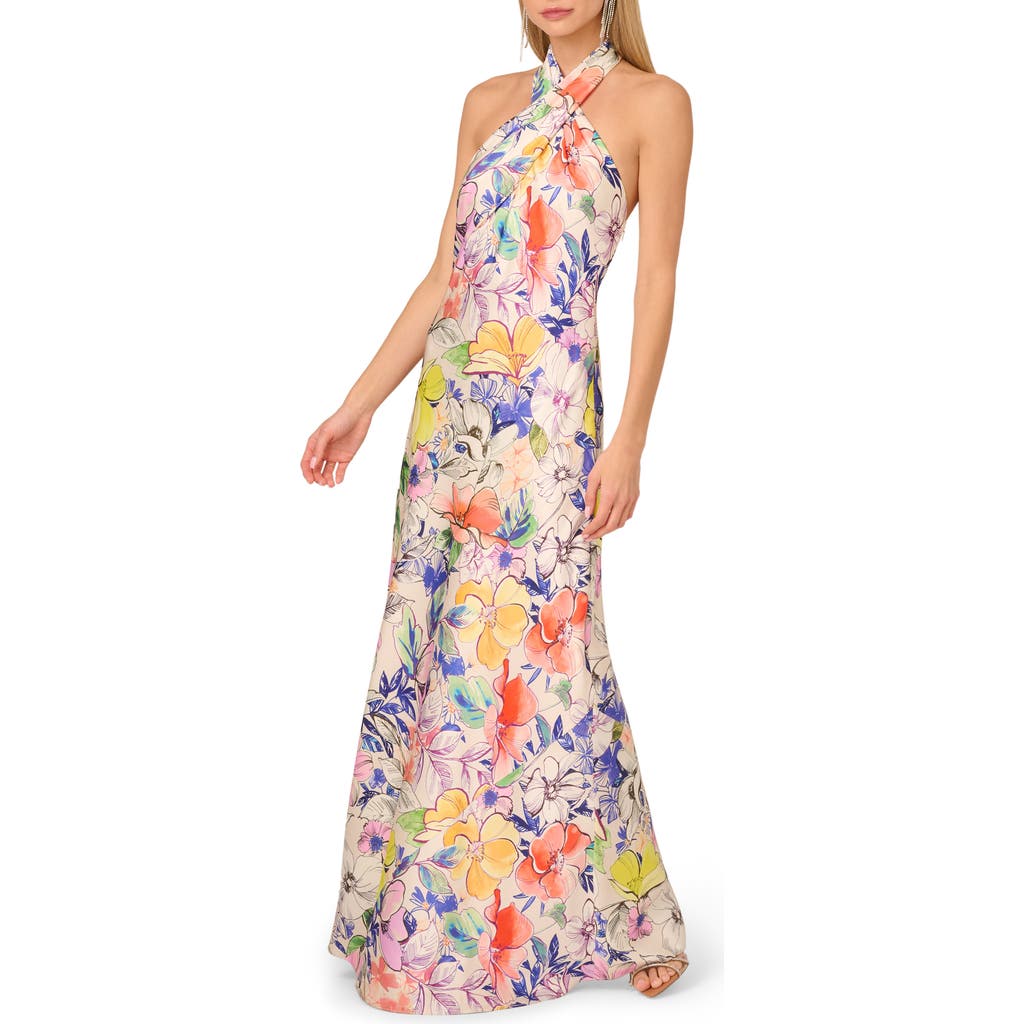 ADRIANNA PAPELL ADRIANNA PAPELL PRINT SATIN HALTER GOWN