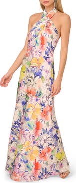 Adrianna Papell Print Satin Halter Gown
